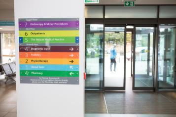 A sign in a doctors surgery and an entrance doorway