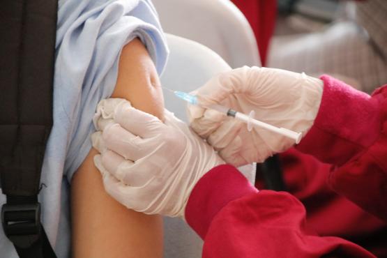 A close up of an arm with a vaccination needle in it. The person holding the needle is wearing surgical gloves. 